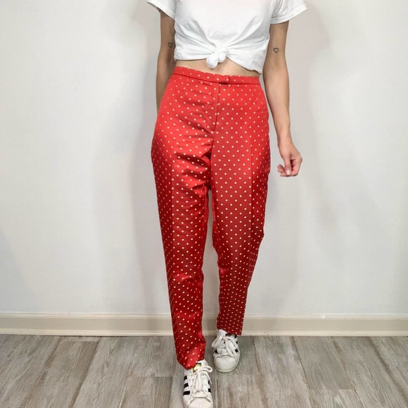 VINTAGE DONCASTER polka dot red white trousers high rise flat front rockabilly - Picture 11 of 11